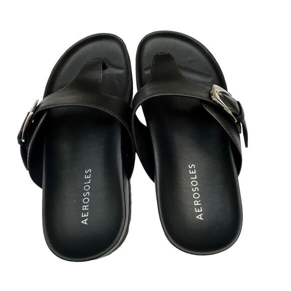 NWOT Aerosoles Flipflop Sandals Women's Size 7 Black Faux Leather Molded Footbed - Picture 5 of 9